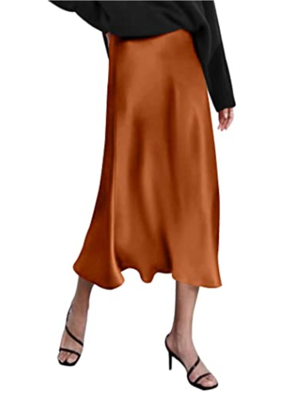 Satin Midi Skirt Women High Waisted Silk Elegant Work Long Zipper